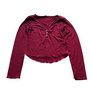 Y2k Free People Size M Red Ribbed Knit Long Sleeve V-Neck Cropped Henley Top